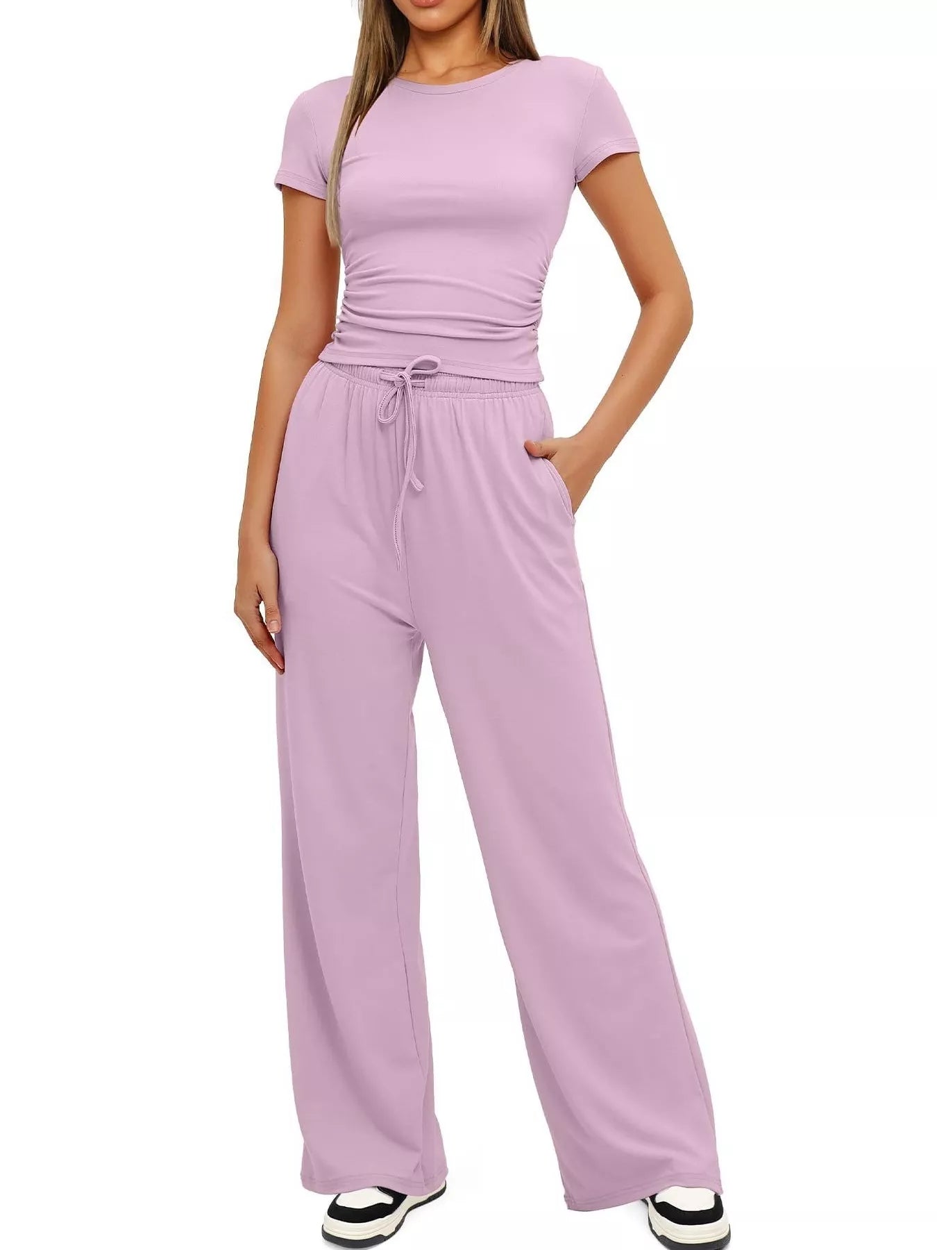 Round Neck Short Sleeve T-Shirt and Pants Set - Thalia Chic