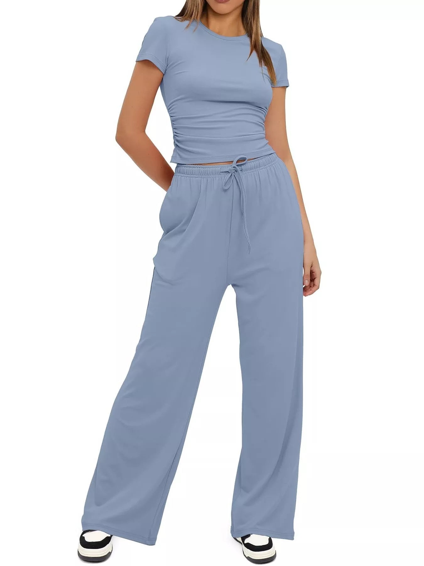 Round Neck Short Sleeve T-Shirt and Pants Set - Thalia Chic
