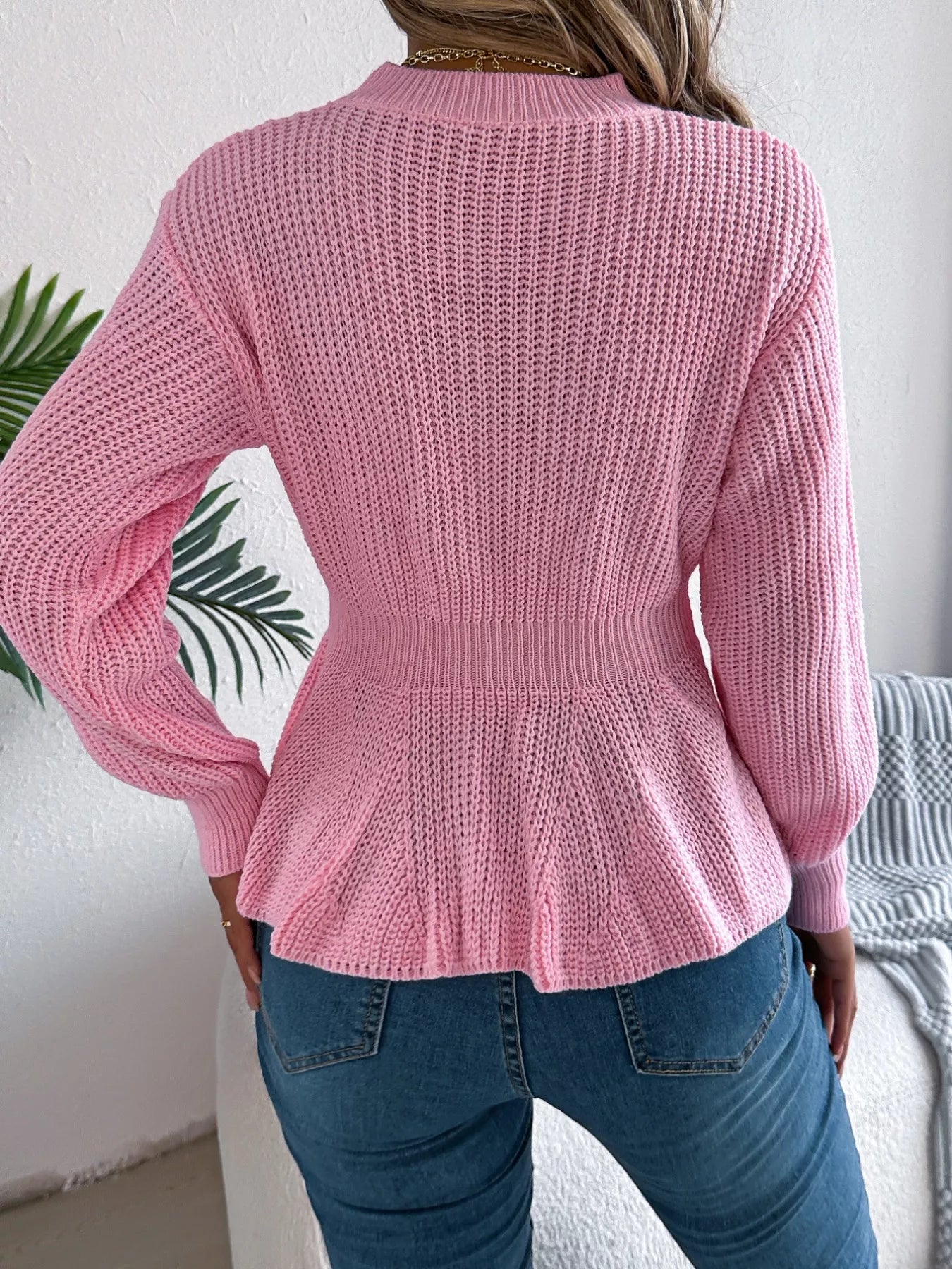 Cable Knit Round Neck Peplum Sweater - Thalia Chic