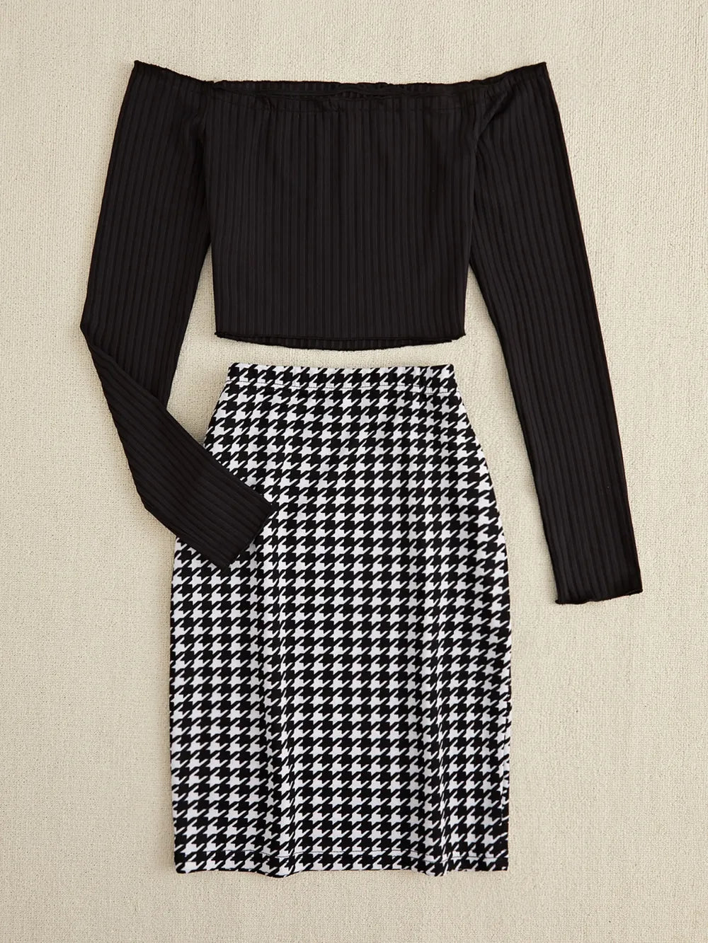 Off-Shoulder Long Sleeve Top and Houndstooth Skirt Set - Thalia Chic