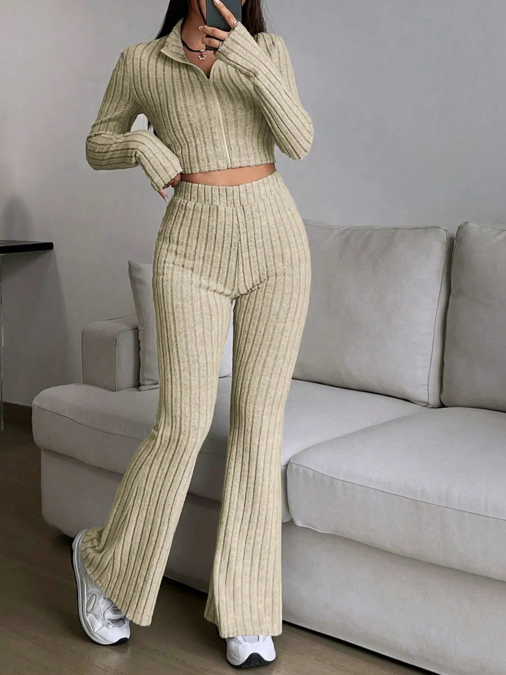 Honey Zip Up Long Sleeve Top and Pants Set - Thalia Chic