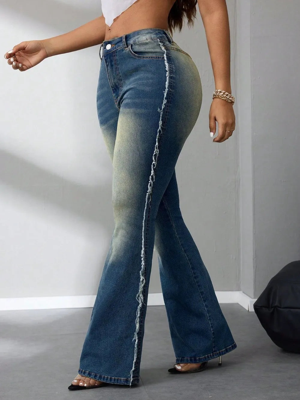 Side Raw Hem Flare Jeans - Thalia Chic