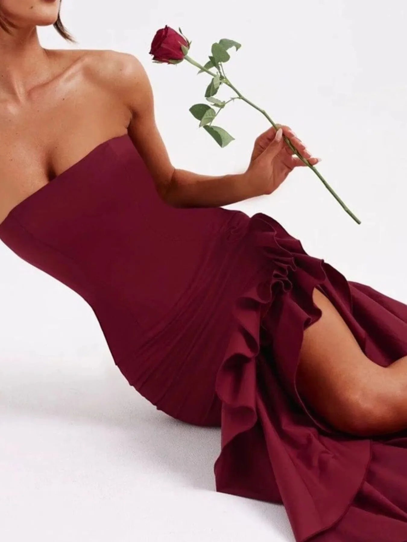 Strapless Ruffle High-Low Bodycon Dress - Thalia Chic