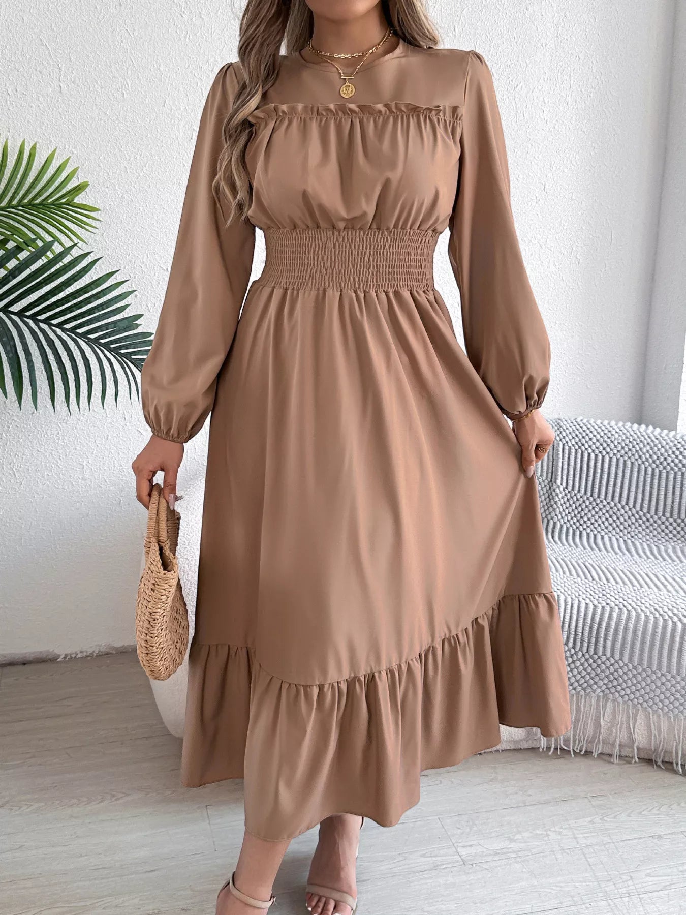 Round Neck Balloon Sleeve Tiered Dress - Thalia Chic