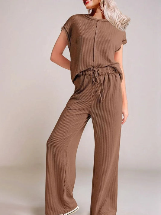 Ribbed Exposed Seam Top and Pants Set - Thalia Chic