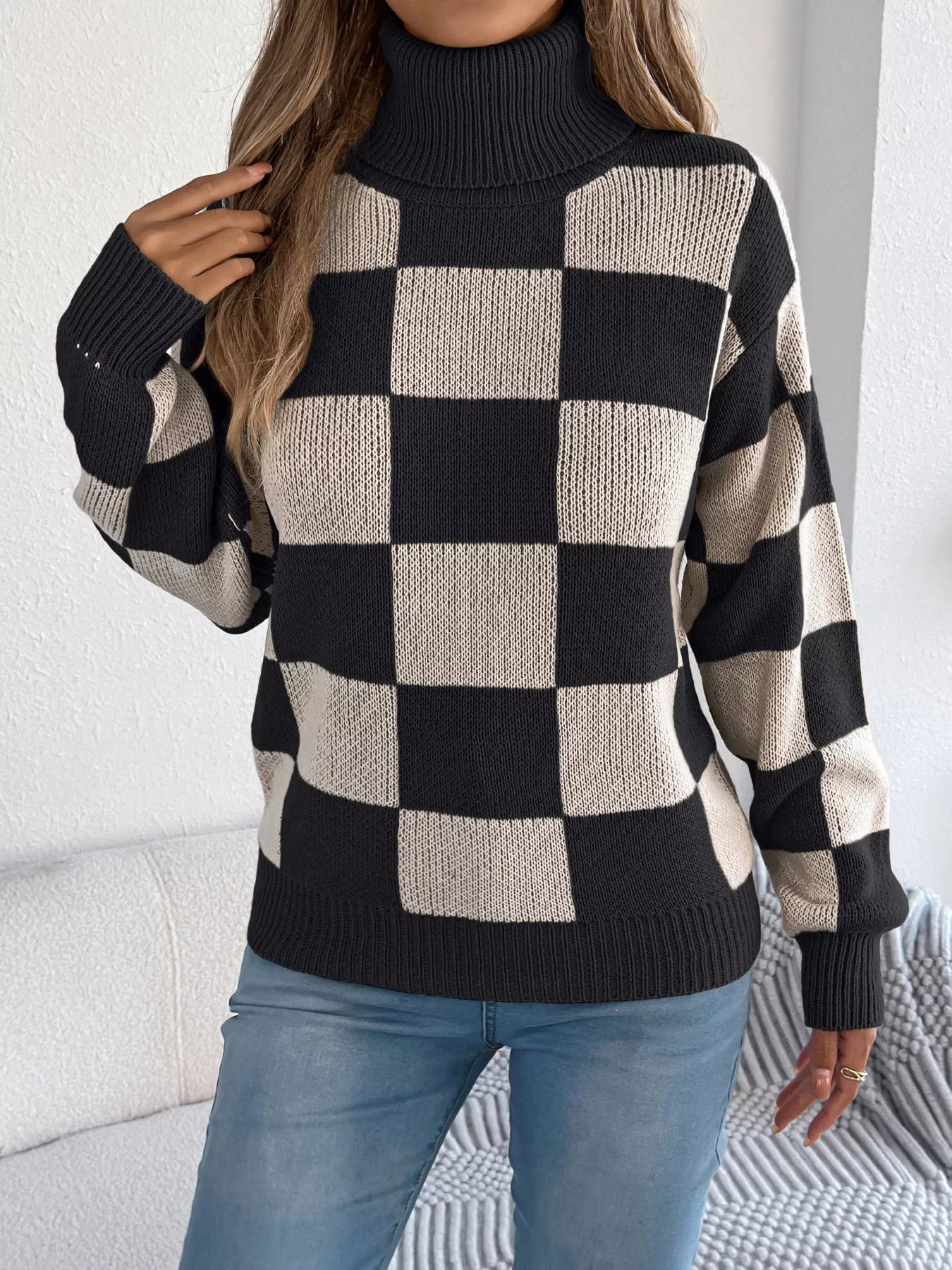 Checkered Turtleneck Long Sleeve Sweater - Thalia Chic