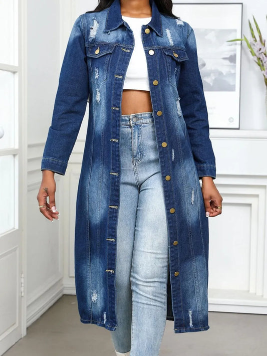Distressed Button Up Collared Neck Denim Top - Thalia Chic