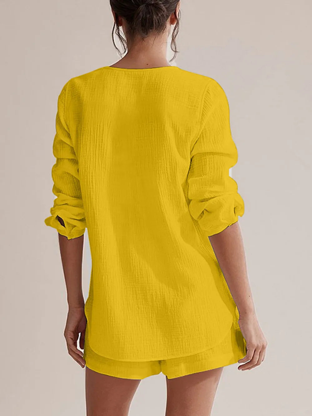 Notched Long Sleeve Top and Shorts Set - Thalia Chic