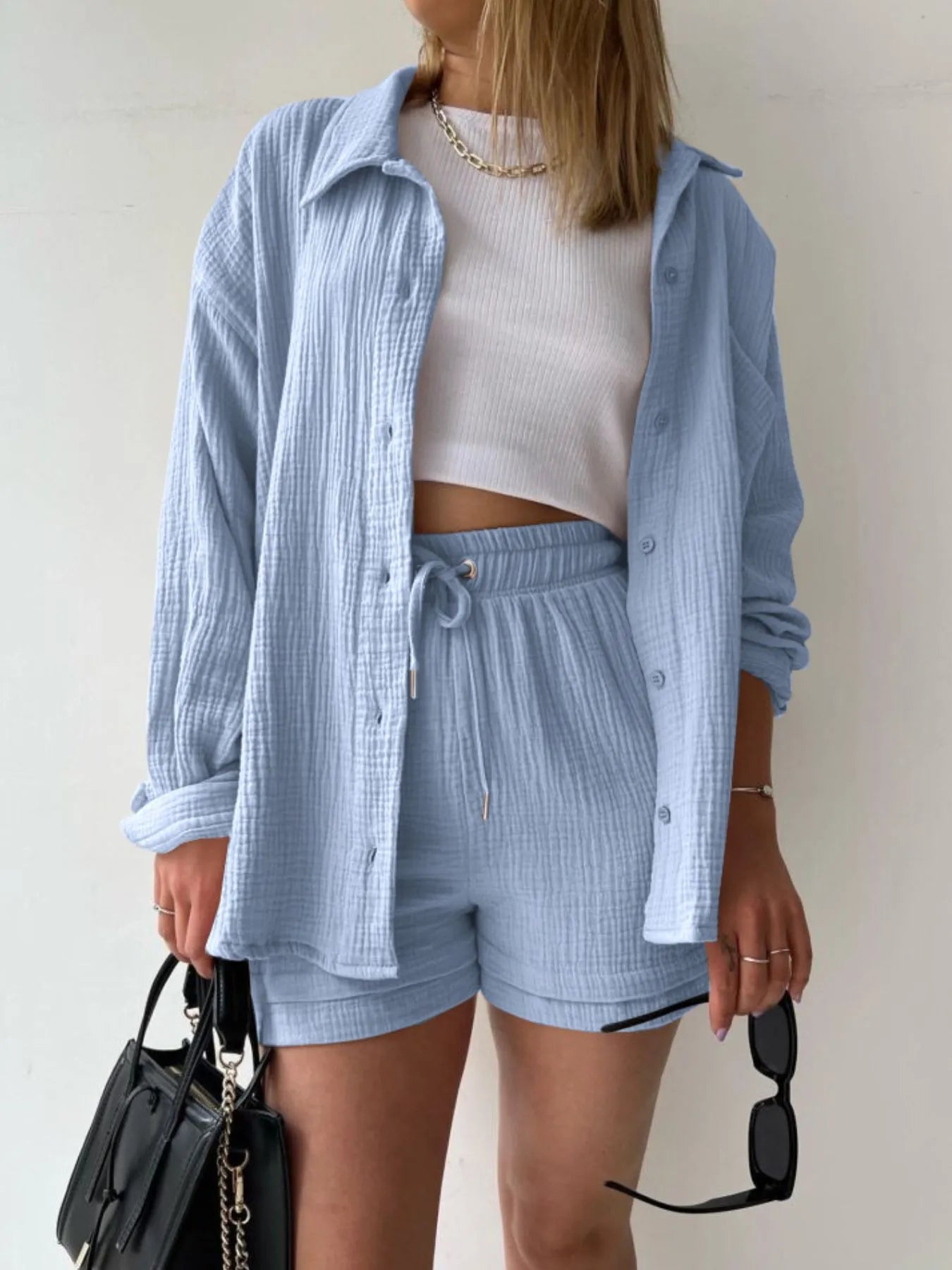 Textured Button Up Shirt and Shorts Set - Thalia Chic