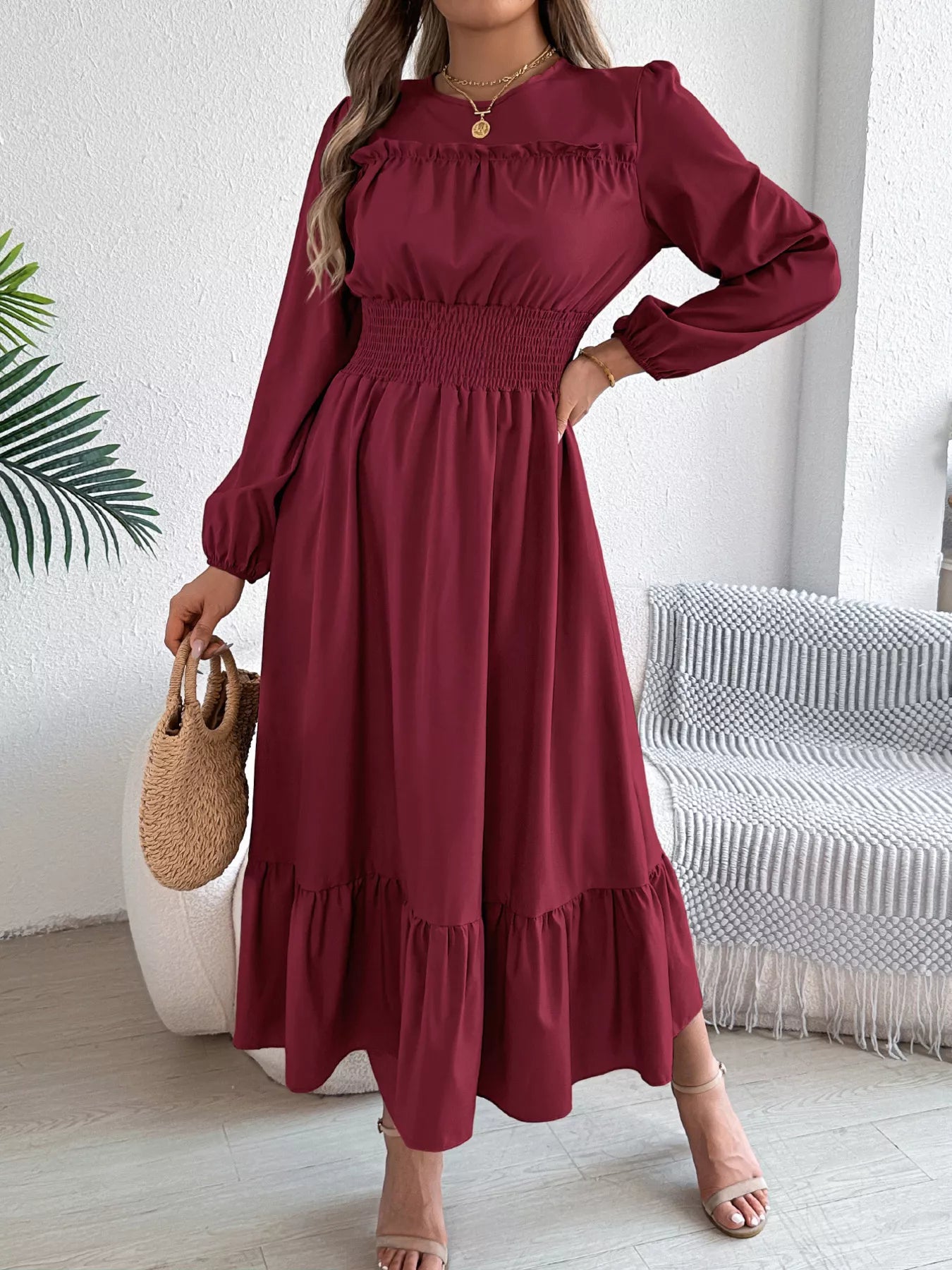 Round Neck Balloon Sleeve Tiered Dress - Thalia Chic