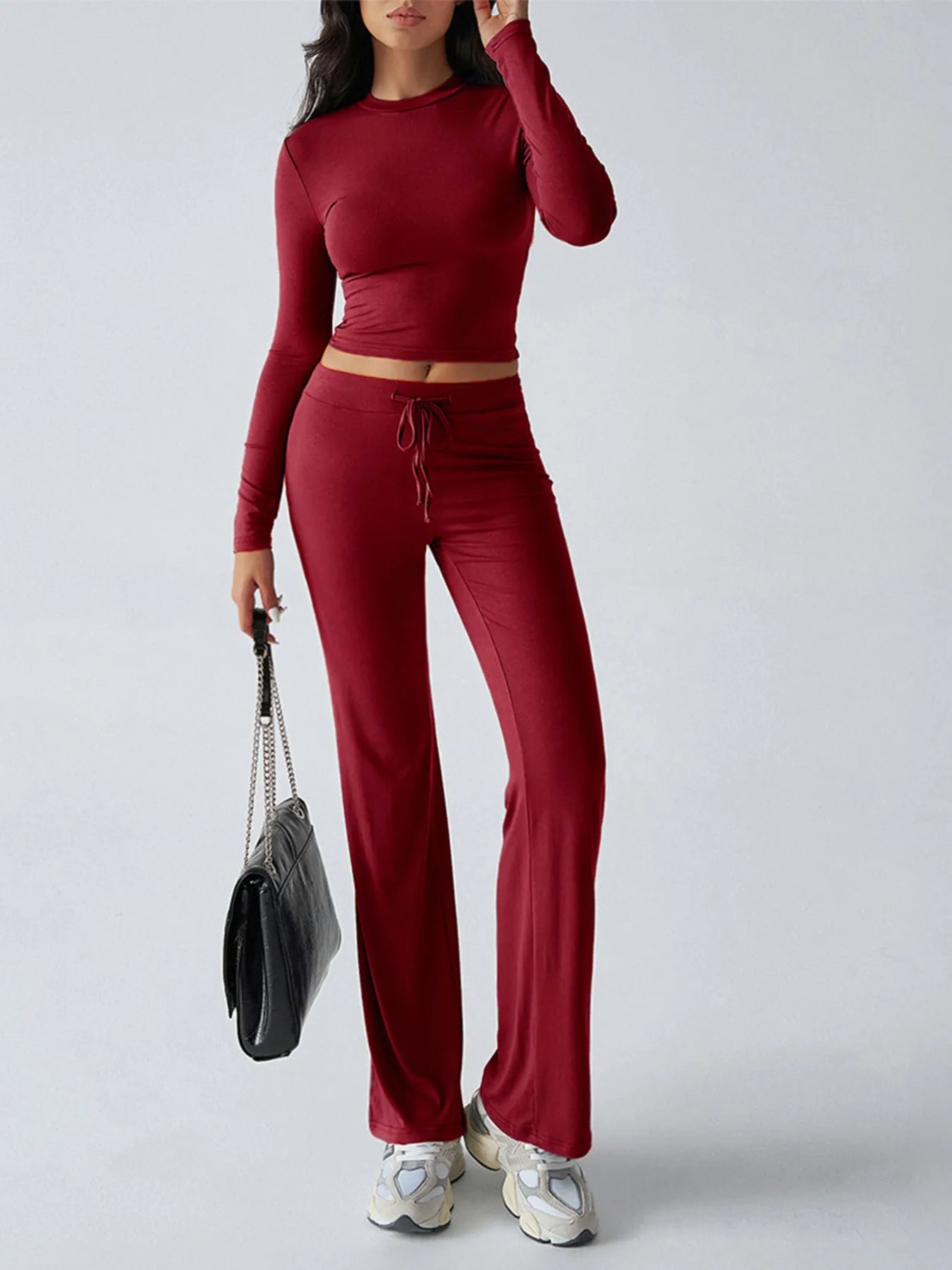 Round Neck Long Sleeve Top and Pants Set - Thalia Chic