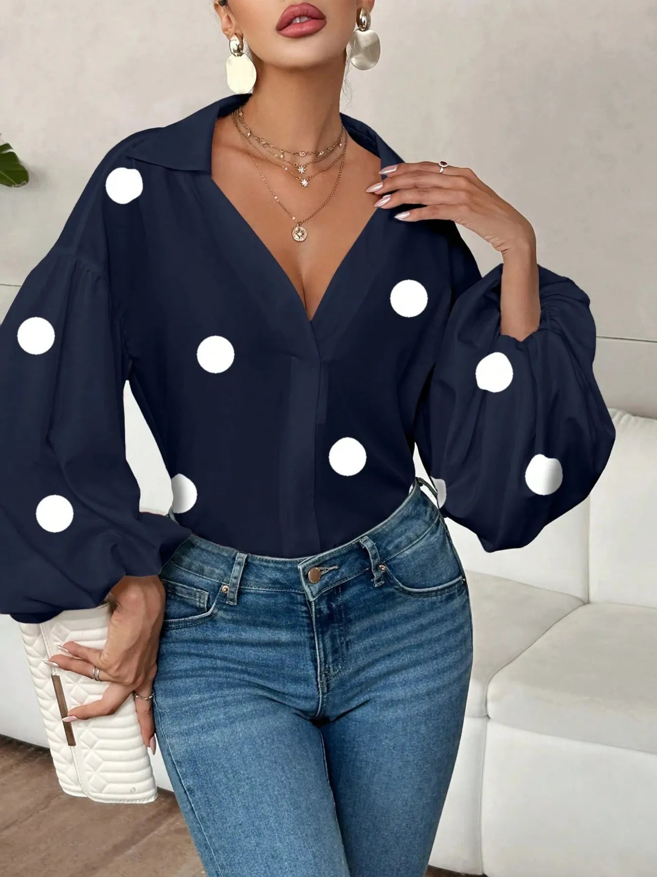 Polka Dot Balloon Sleeve Blouse - Thalia Chic