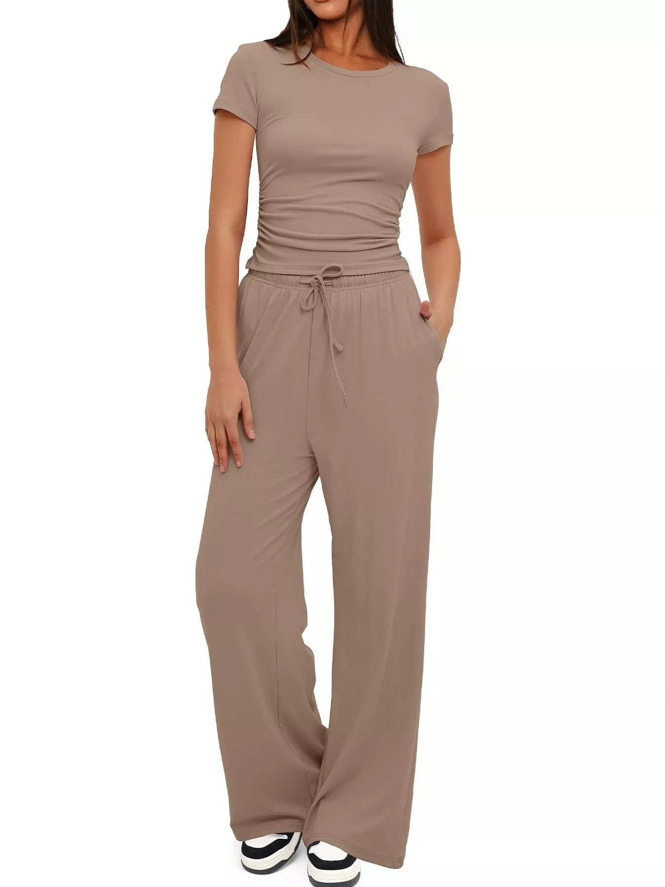 Round Neck Short Sleeve T-Shirt and Pants Set - Thalia Chic